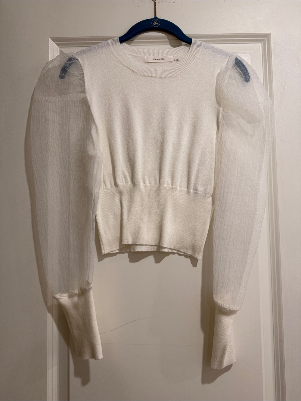 Sheer Puff-Sleeve Crop Top Sweater in Ivory by idem ditto